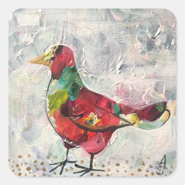 Handmade acrylic painting _ bocho bird square sticker (Front)