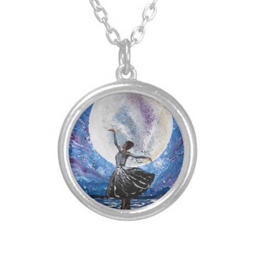 Handmade artwork- dancing with the moon silver plated necklace