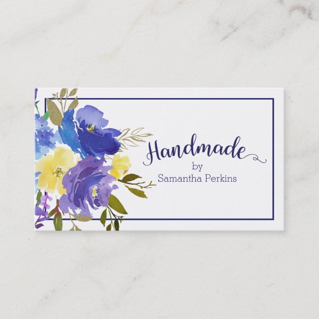 Handmade Blue Purple Yellow Flower Calligraphy Business Card (Front)