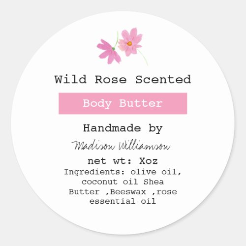 Handmade Body Butter Pink Floral Ingredients list Classic Round Sticker