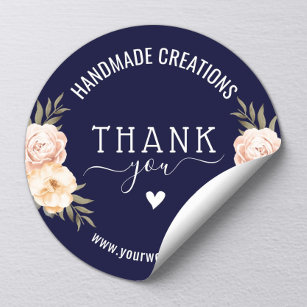 Handmade Business Thank You Elegant Floral Navy Classic Round Sticker