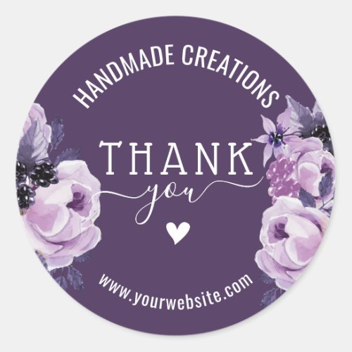 Handmade Business Thank You Elegant Floral Purple Classic Round Sticker