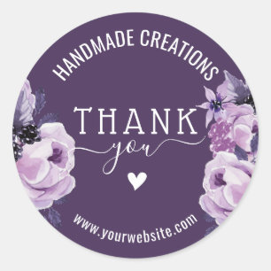 Handmade Business Thank You Elegant Floral Purple Classic Round Sticker