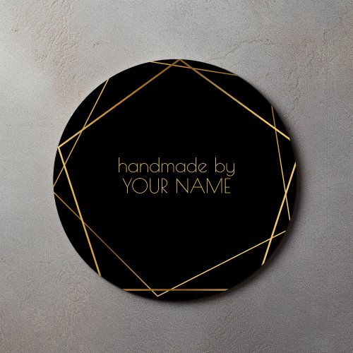 Handmade by black geometric gold effect classic round sticker