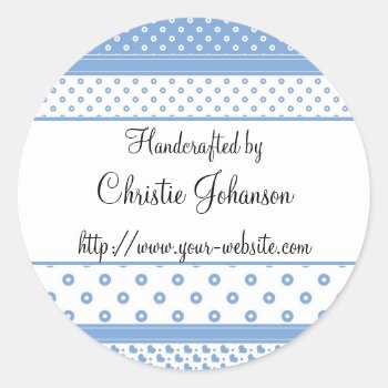 Handmade By - Blue And White Pattern Design Classic Round Sticker by karanta at Zazzle