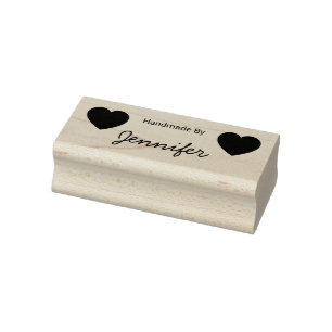 Handmade By Cursive Script Name Two Hearts Rubber Stamp