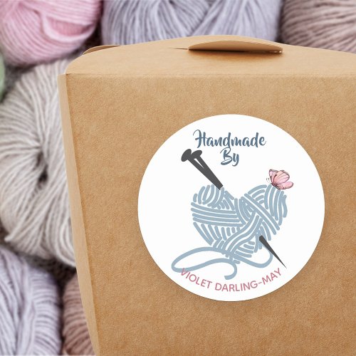 Handmade by Custom Name _ Knitting Yarn Crafters Classic Round Sticker