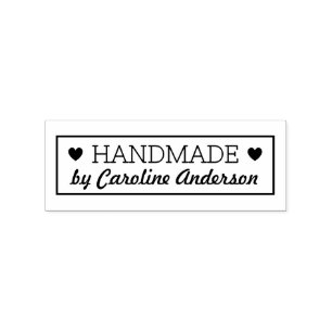 Handmade by custom name rubber stamp, two hearts stamp