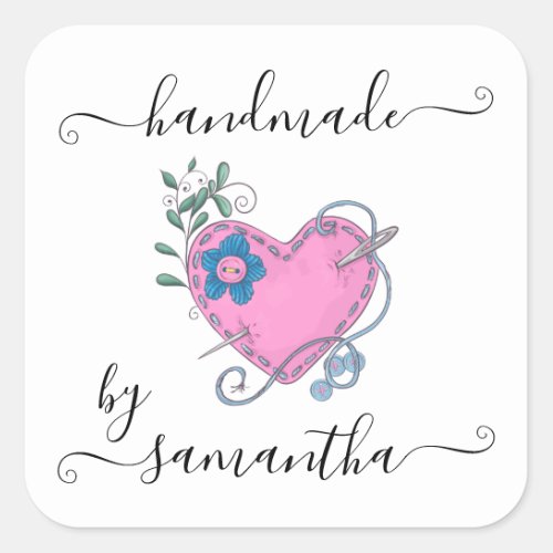 Handmade by Custom Name Stitched Heart and Buttons Square Sticker