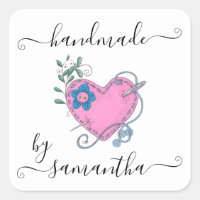 Handmade by Custom Name Stitched Heart and Buttons