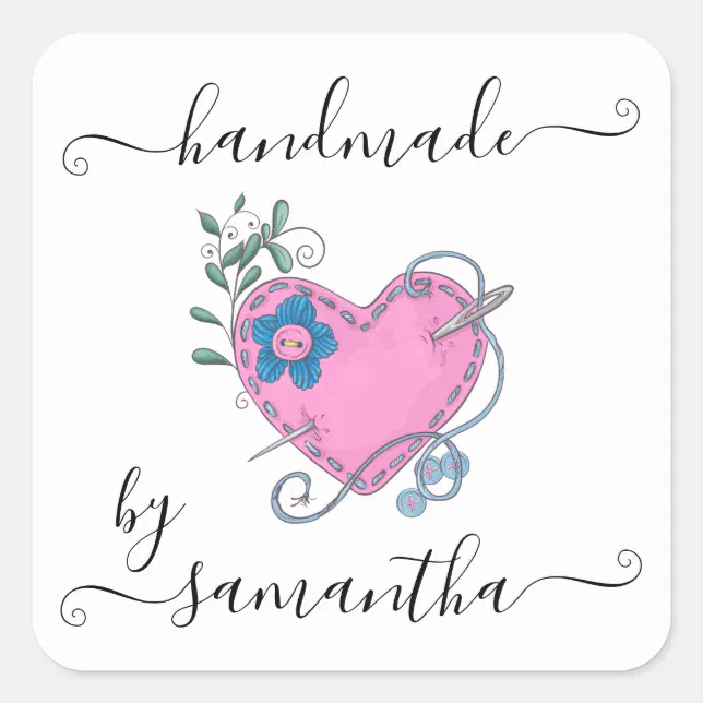 Handmade by Custom Name Stitched Heart and Buttons Square Sticker | Zazzle