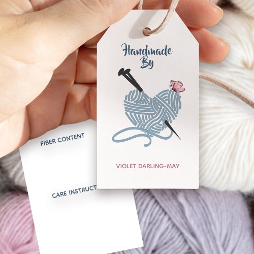 Handmade by Custom Name w Fiber  Care Knitting Gift Tags