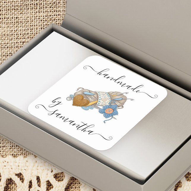 Handmade by Custom Name Yarn Hooks and Buttons Square Sticker (Handmade by .. labels for handcrafted products)