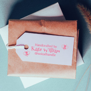 Handmade by (custom text) + name, pink feminine se self-inking stamp