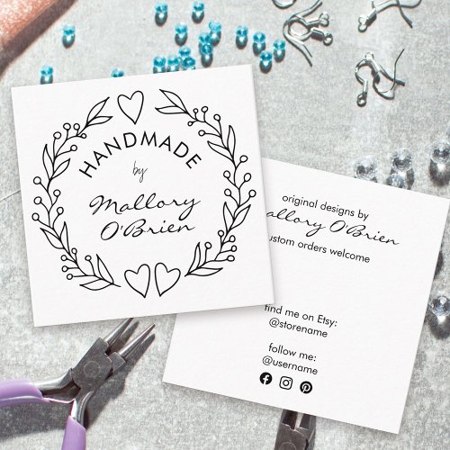 Handmade by Doodle Wreath Hearts and Foliage Square Business Card
