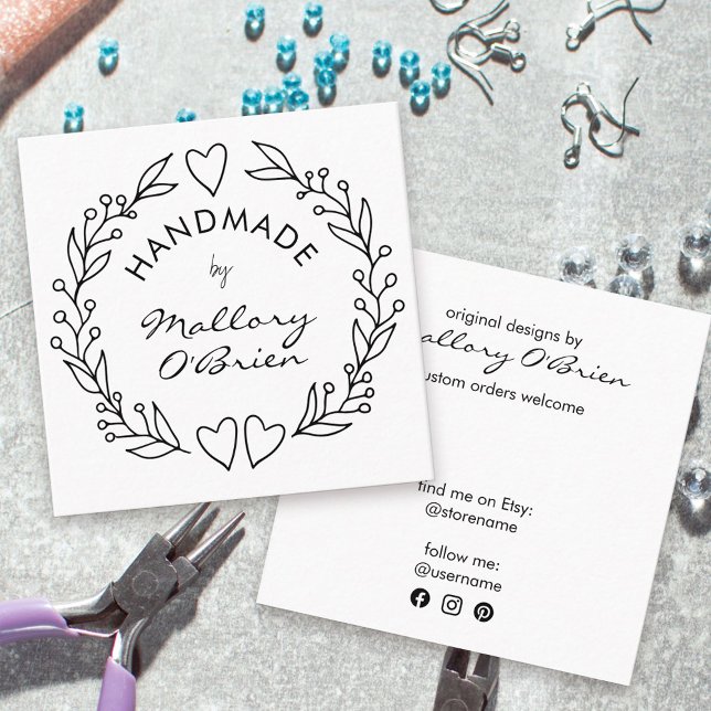 Handmade by Doodle Wreath Hearts and Foliage Square Business Card (Handmade with Love signature square business card with line drawn wreath and social media icons)