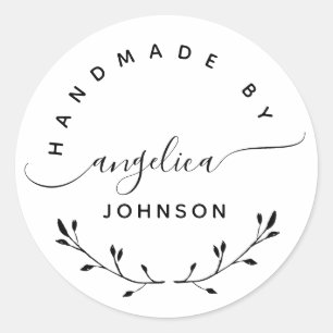 Handmade By Elegant Script Botanical  Classic Round Sticker