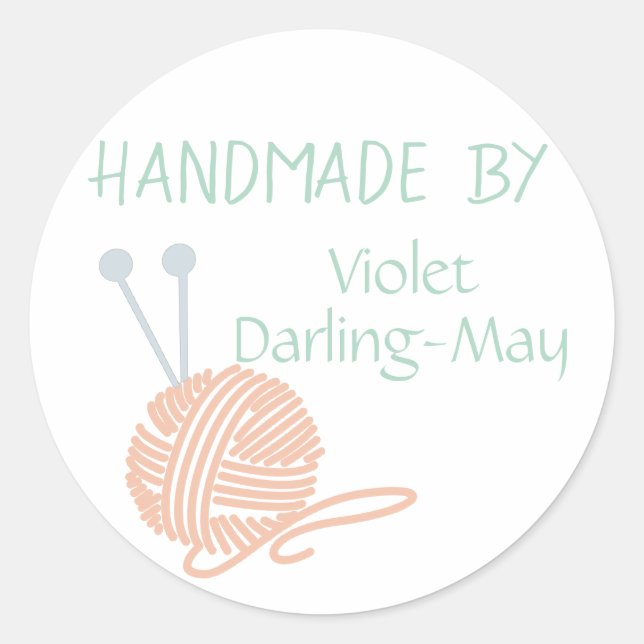 Handmade by - Knitting Yarn & Needles Personalized Classic Round Sticker (Front)