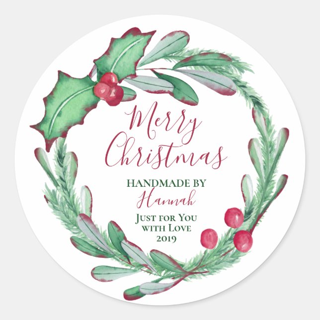 Handmade by Personalized Christmas Classic Round Sticker (Front)