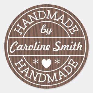 Handmade by stamp on dark wood personalized name classic round sticker
