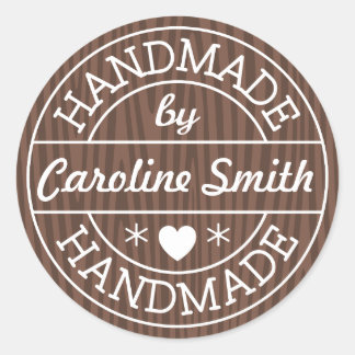 Handmade by stamp on dark wood personalized name classic round sticker