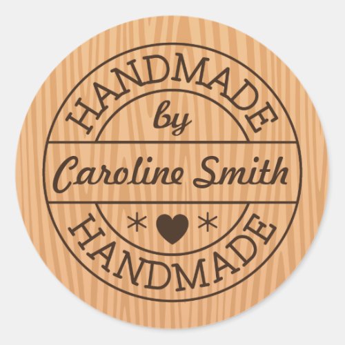 Handmade by stamp on wood personalized name classic round sticker