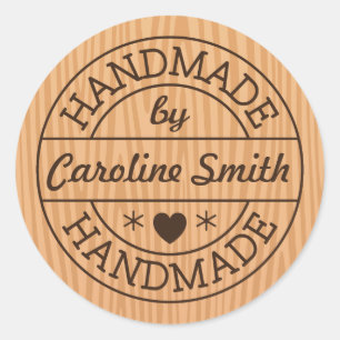 Handmade by stamp on wood personalized name classic round sticker