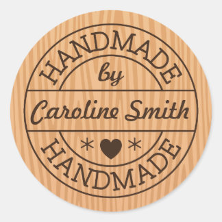 Handmade by stamp on wood personalized name classic round sticker