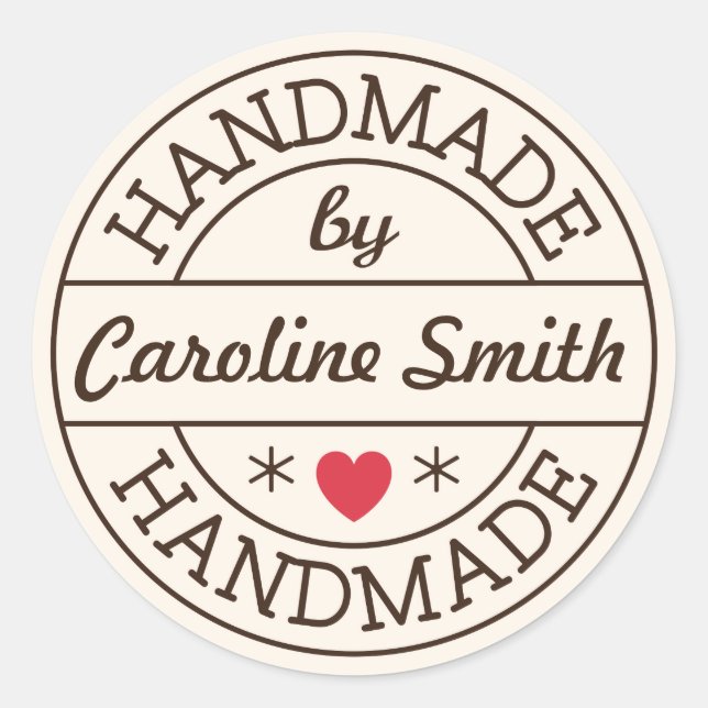 Handmade by stamp red heart personalized name classic round sticker (Front)
