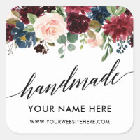 Handmade Calligraphy Burgundy Blue Floral Small Square Sticker