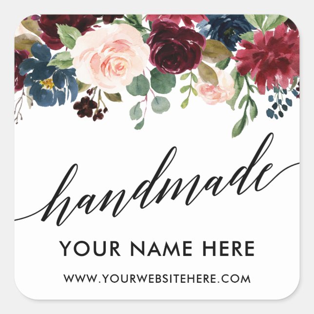 Handmade Calligraphy Burgundy Blue Floral Small Square Sticker (Front)