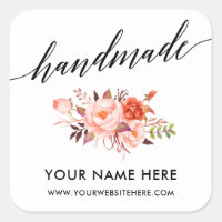 Handmade Calligraphy Coral Floral Small Square Sticker