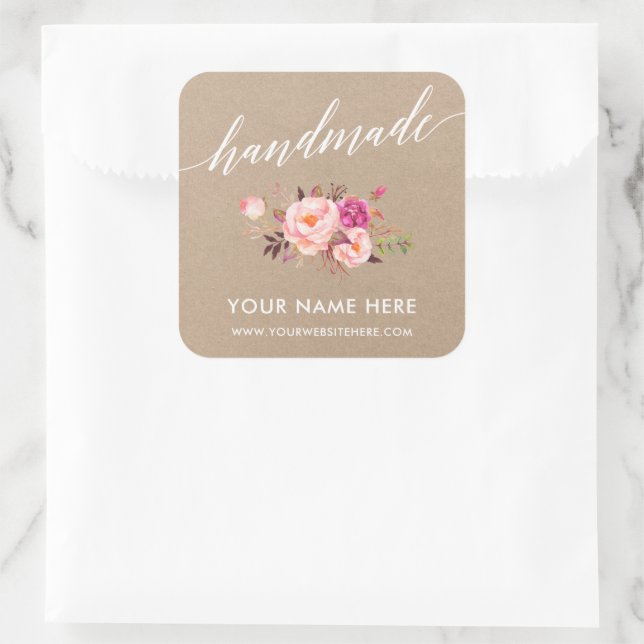 Handmade Calligraphy Pink Floral Kraft Small Square Sticker (Bag)