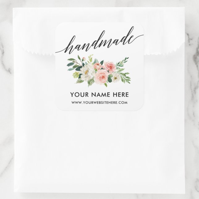 Handmade Calligraphy Pink White Floral Small Square Sticker (Bag)