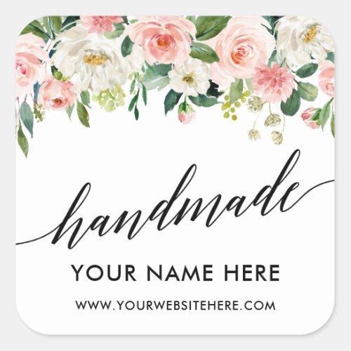 Handmade Calligraphy Pink White Floral Small Square Sticker