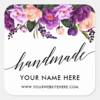 Handmade Calligraphy Purple Floral Small Square Sticker