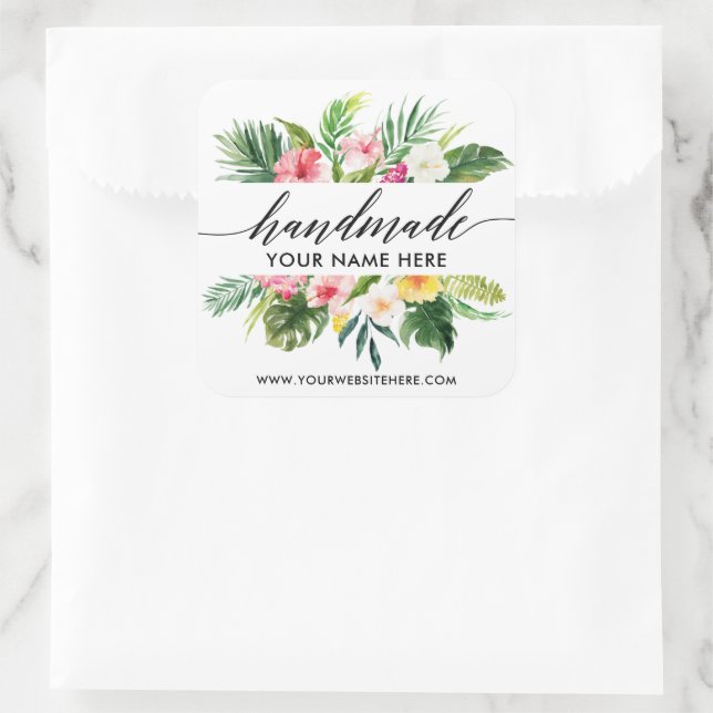 Handmade Calligraphy Tropical Floral Square Sticker (Bag)