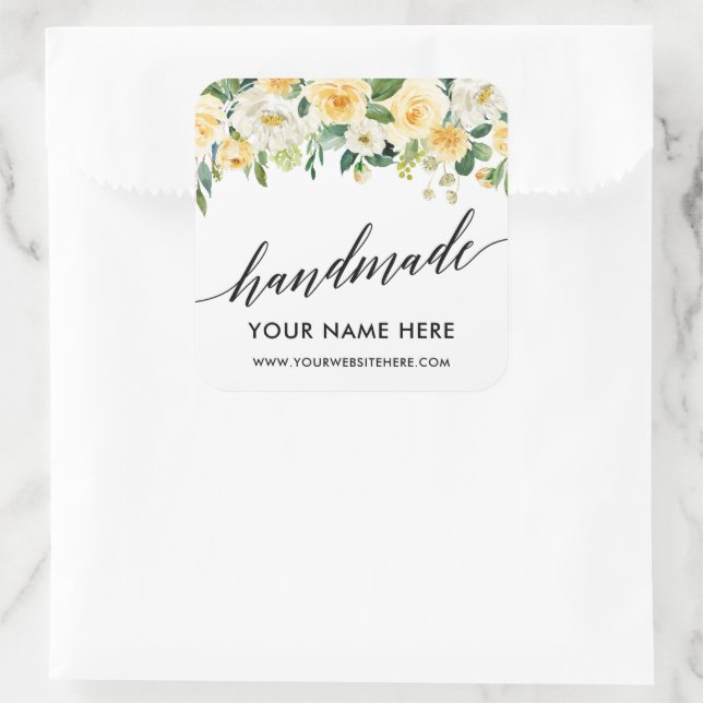 Handmade Calligraphy Yellow Floral Small Square Sticker (Bag)