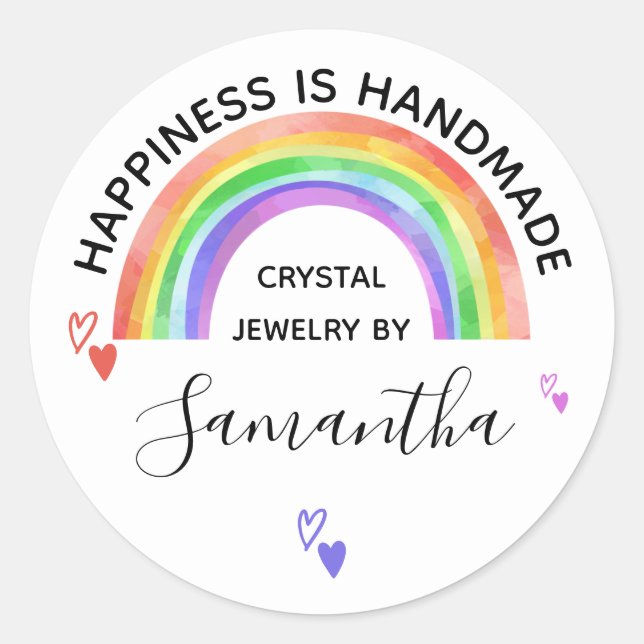 Handmade Colorful Rainbow and Love Hearts Classic Round Sticker (Front)
