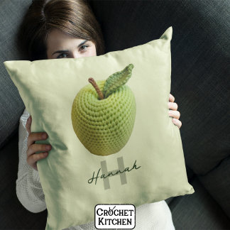 Handmade Craft Green Crochet Apple Monogram Name Throw Pillow