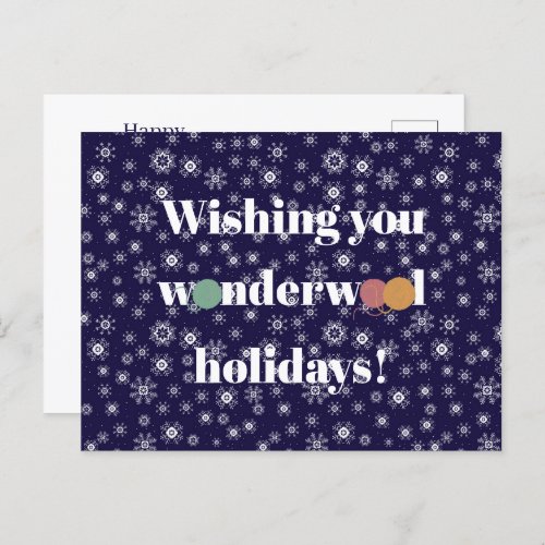 Handmade craft yarn blue snowflakes modern wool holiday postcard