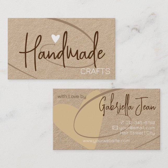 Handmade Crafts Calligraphy Signature Brown Heart Business Card (Front/Back)