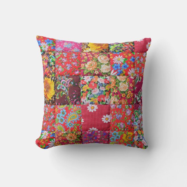 Handmade Floral Patchwork Quilt Background Throw Pillow (Front)
