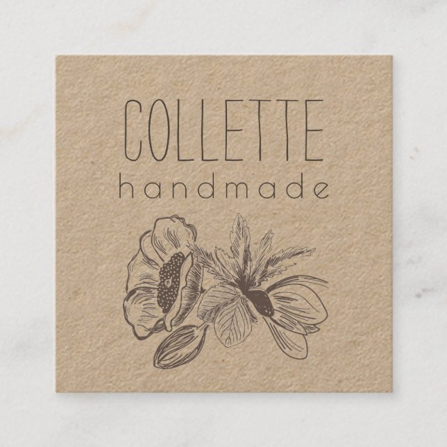 Handmade Flower Logo Kraft Square Business Card (Front)