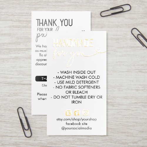 Handmade For You Wash Instructions Gold Foil Business Cards