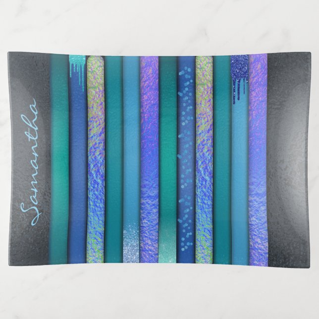 Handmade Fused Glass look Blues Art Personalized Trinket Tray (Front)