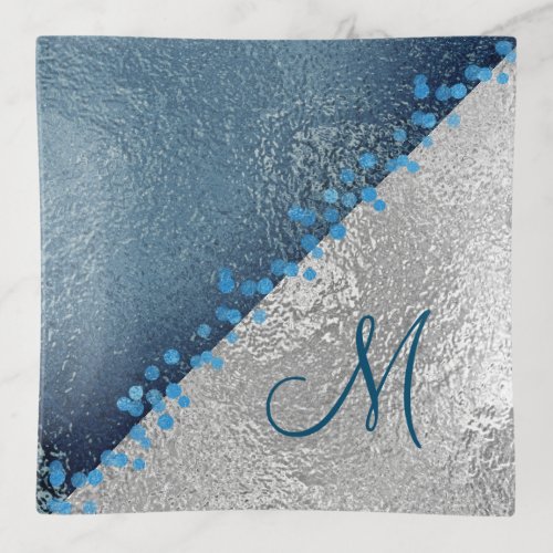 Handmade Fused Glass look Silver Blue Monogram Trinket Tray