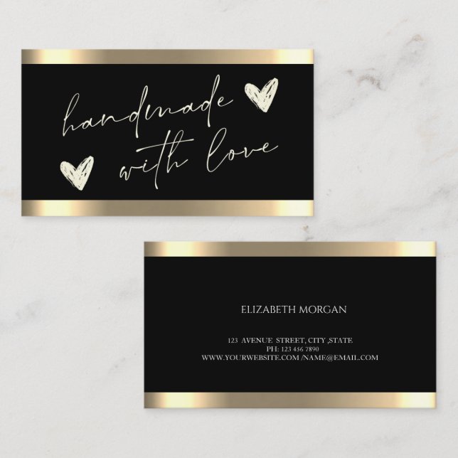 Handmade Hearts Gold Stripe Black Business Card (Front/Back)
