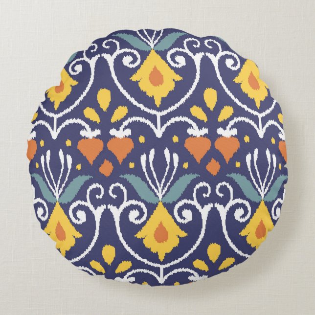 Handmade Ikat: Ethnic Boho Fabric Round Pillow (Front)
