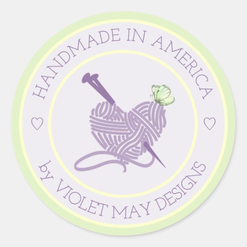 Handmade in _ Heart Pastel Knitting  Yarn Craft Classic Round Sticker